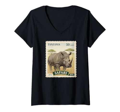 Damen Afrikanische Safari-Stempel Nashorn Tansania Porto Vintage T-Shirt mit V-Ausschnitt Damen Afrikanische Safari-Stempel Nashorn Tansania Porto Vintage T-Shirt mit V-Ausschnitt von Howzit South Africa