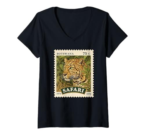 Damen Afrikanischer Safari-Stempel Leopard Botswana Porto Vintage T-Shirt mit V-Ausschnitt Damen Afrikanischer Safari-Stempel Leopard Botswana Porto Vintage T-Shirt mit V-Ausschnitt von Howzit South Africa
