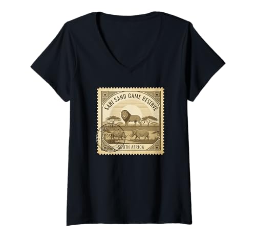 Damen Afrikanischer Safari-Stempel Sabi Sand Game Reserve Porto T-Shirt mit V-Ausschnitt Damen Afrikanischer Safari-Stempel Sabi Sand Game Reserve Porto T-Shirt mit V-Ausschnitt von Howzit South Africa