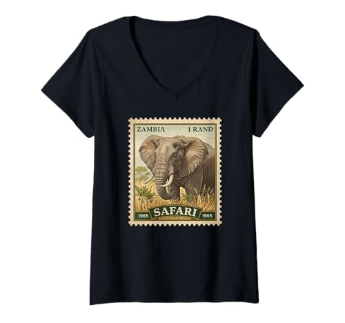 Damen Afrikanischer Safari-Stempel Sambia Elefant Porto Vintage T-Shirt mit V-Ausschnitt Damen Afrikanischer Safari-Stempel Sambia Elefant Porto Vintage T-Shirt mit V-Ausschnitt von Howzit South Africa