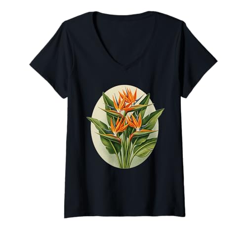 Damen Paradiesvogel Blume Herz Südafrika Muster T-Shirt mit V-Ausschnitt Damen Paradiesvogel Blume Herz Südafrika Muster T-Shirt mit V-Ausschnitt von Howzit South Africa