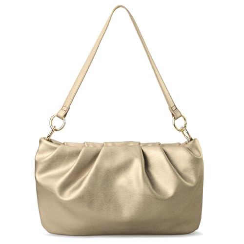 Damen-Handtasche mit gerüschten Schultern, Hobo-Tasche, wandelbar, weiches veganes Leder, Umhängetasche, Goldfarben, Cloud Pouch Hobo Umhängetasche Damen-Handtasche mit gerüschten Schultern, Hobo-Tasche, wandelbar, weiches veganes Leder, Umhängetasche, Goldfarben, Cloud Pouch Hobo Umhängetasche von Hoxis