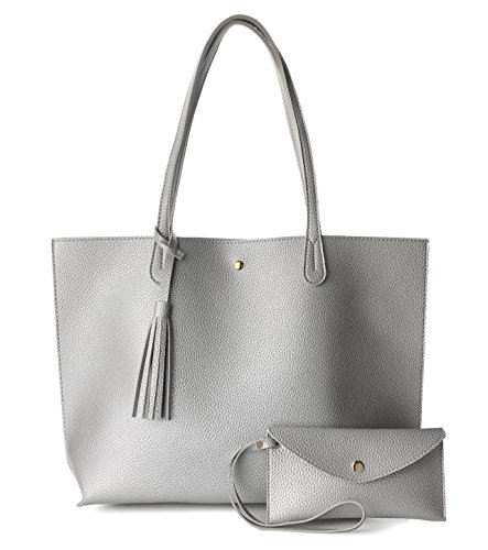 Damen-Schultertasche aus Kunstleder, minimalistisch, sauber geschnitten, genarbt, silber, Medium von Hoxis