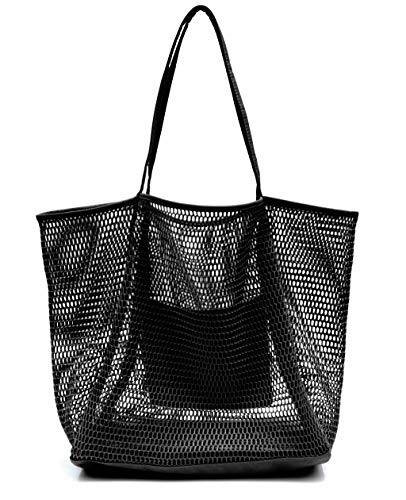 HOXIS Mesh Beach Tote Damen Schulter Handtasche, Schwarz, Large von Hoxis