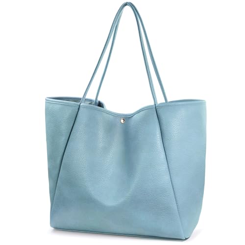 HOXIS Übergroße vegane Leder-Tragetasche für Damen, Wochenendtasche, Shopper Handtasche, Reise-Geldbörse, dusty blue, Medium von Hoxis