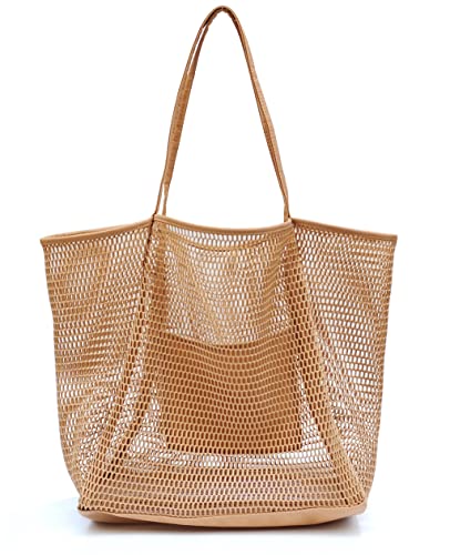 Hoxis Mesh Beach Tote Damen Schulter Handtasche, Hellbraun, Large von Hoxis