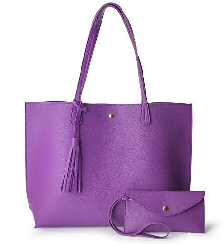 Minimalistische Handtasche für Damen, gerader Schnitt, Kieselsteine, Kunstleder-Handtasche, violett, Medium von Hoxis