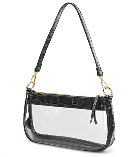 Transparente Schultertasche aus PVC, klassisch, 90er-Jahre-Portemonnaie, für Damen, veganes Leder, Krokodilleder-Tasche, schwarz, Medium von Hoxis
