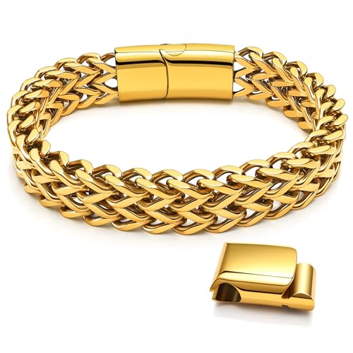 Hoyazvet Edelstahl-Franco-Kettenarmbänder für Herren – 6 mm/8 mm/10 mm/12 mm Breite, 19,1 cm/21,1 cm Länge, schwarz & 18 Karat Metall, langlebiges und verstellbares kubanisches Gliederarmband, 7.5 Hoyazvet Edelstahl-Franco-Kettenarmbänder für Herren – 6 mm/8 mm/10 mm/12 mm Breite, 19,1 cm/21,1 cm Länge, schwarz & 18 Karat Metall, langlebiges und verstellbares kubanisches Gliederarmband, 7.5 von Hoyazvet