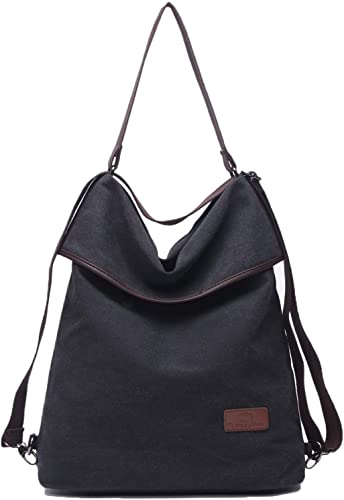 Travistar Damen Canvas Schultertasche Rucksack Groß Handtasche Vintage Damen umhängetasche Anti Diebstahl Tasche Damen Hobo Tasche für Alltag Büro Schule Ausflug Einkauf-Schwarz von Travistar