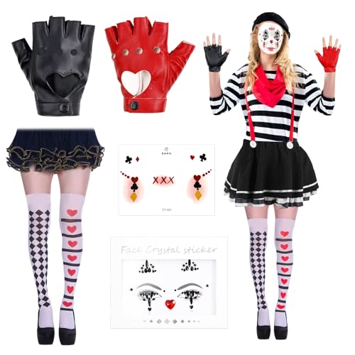 Clown Tattoo Karneval Fasching Hautaufkleber Set, Face Tattoo Harlekin + 1 Paar Handschuhe Halb Finger + 1 Paar Damen Strumpfwaren, für Halloween/Carnaval Cosplay Performance Kostüm von Hpbaggy