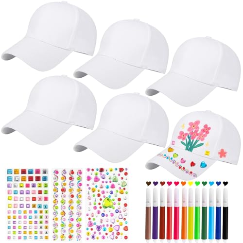 Graffiti Kappe Weiß,DIY Baseballkappe Kinder mit Glitzersteine Selbstklebend,Baseball Caps Scherzt Baseballmütze zum Bemalen Kunst Anstrich Hut Mütze für Kindergeburtstag Basteln Mädchen Jungen von Hpbaggy