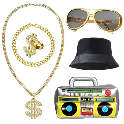Hip Hop Kostüm,6 Stück Zuhälter Kostüm mit Hip Hop Hat/Dollar Kette/Dollar Ring/Goldene Armband/Goldene Brille/Aufblasbare Boom Box,80/90er Rapper Accessoires für Fasching Karneval von Hpbaggy