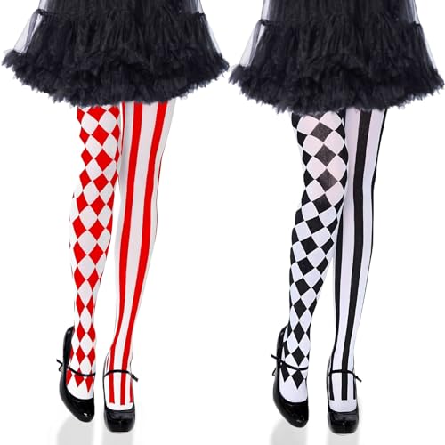 Hpbaggy 2 Paar Damen Harlekin Strumpfhose,Overknees Strümpfe Zirkus,Harlekin Strumpfhose,Damen Strumpfhose Gestreift und Karomuster,Pantyhose für Karneval Fasching Mottoparty von Hpbaggy