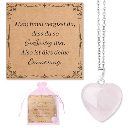 Hpbaggy Rosenquarz Herz Anhänger Kette Bergkristall Natürlicher Mutstein & Glücksstein Mit Karte & Beutel Geschenk für Freundin, Beste Freundin, Partnerin, Familie von Hpbaggy