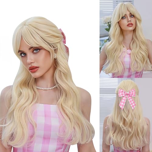 Perücke Prinzessin Damen Mädchen,Perücke Blond,Perrücke Frauen Blond Lang mit Haarnetz Und Schleife,Lange Locken Welle Perücken,Natur Hitzebeständige Kunstfaser Perücken mit Pony Täglich Cosplay von Hpbaggy