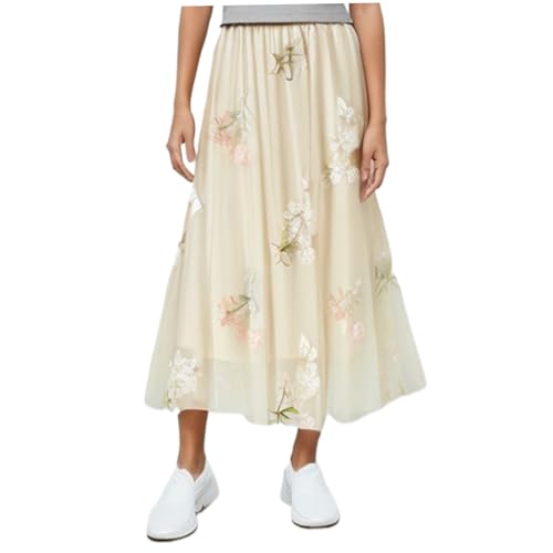 Blumenrock, Tüllrock für Frauen mit hoher Taille bestickter Rock süßer süßer Blumenrock Elastic Band Loose Dual Layer Summer Ladies Röcke, Aprikose von Hperu