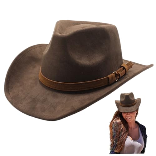 Brauner Cowboyhut, Cowboyhut breiter Krempe Western Hut Brauner Cowboyhut mit Gürtelschnale Wildleder Cowgirl Hut für Männer & Frauen Dress -up Party von Hperu