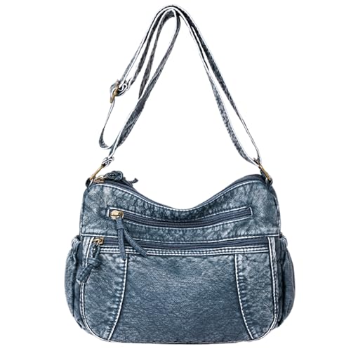 Denim-Tasche, Denim-Geldbörse für Frauen lässig Denim Crossbody Bag PU wasserdichte Jean-Geldbörse Multi-Tocket großer Kapazität Reißverschluss nicht aufpackt Denim Umhängetasche, Lake Blue von Hperu