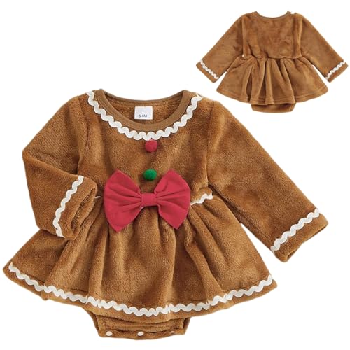 Hperu Baby Mädchen Weihnachts-Outfit runden Hals Langarm Langarm Baby Gingerbread Kleid mit roter Boge entzückende und süße Baumwolle Baby Mädchen Strampler Baby Mädchen Kleidung, 0-3 m von Hperu