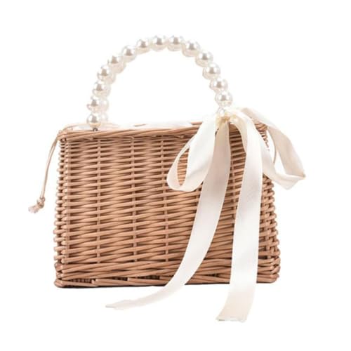 Hperu Strohbeutel Frauen Strand Rattan gewebte Tasche Handtaschen mit Perlenornamenten für Damenbeutel von Hperu