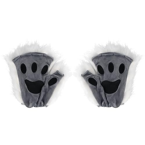 Therian Paws, graue Katzenpfoten 1 Paar halbe Finger Therian Paws süße gestickte pelzige Pfoten dekorative realistische Pfotenhandschuhe für Kinder Erwachsene von Hperu