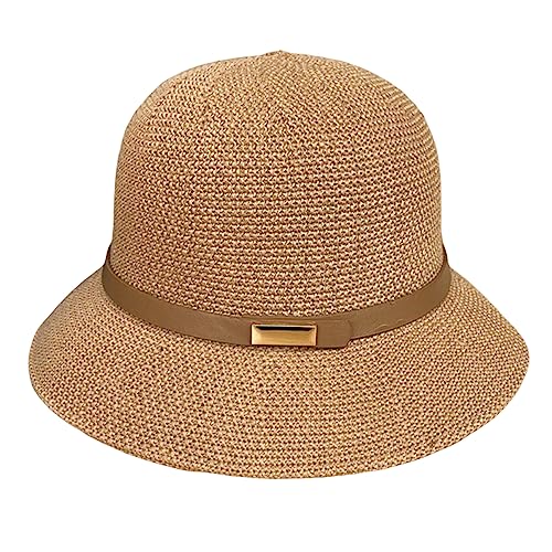 Hperu Sommer Bowler Hut, Damen Stroh Cloche Hut mit Kordelzug, Khaki, Einfarbig, Atmungsaktiv, Sonnenschutz, Klassisch, Hocher Schutz, Passt Größe 22-22.8 cm, Höhe 8 cm von Hperu