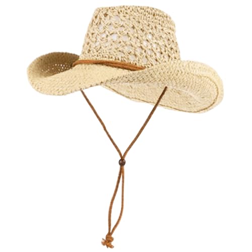 Sommerlicher Cowboyhut aus Stroh für Damen und Herren, hohler Cowboyhut, Strandhut für Herren mit Kinnriemen, breite Krempe, Sonnenhüte für draußen, Beige von Hperu