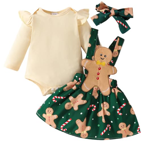 Hperu Weihnachten Baby-Mädchen-Outfit Neugeborenes Weihnachts-Outfit Mädchen Beinhaltet Strampler Top, Lebkuchen-Mann Rock, Stirnband Soft warmes Weihnachtsbaby-Mädchen-Outfit, 6-9m von Hperu