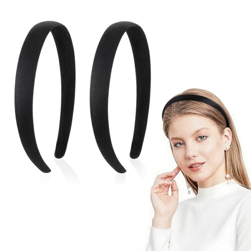 Hpmjz 2Stück Satin-Stirnbänder Damen Schwarz Schwarzes Gepolstertes Stirnband hartes Kopfband 2cm breit rutschfest modisch einfarbig Haarbänder DIY Haarschmuck für Frauen Mädchen Halloween Weihnachten von Hpmjz