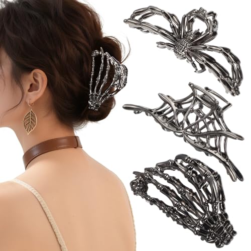 3 Stück Spinnennetz Haarklammern Skeletthand Claw Clip Halloween Accessoires im Punk und Y2K-Stil Haarspangen mit Skull Spider Spinnennetz Design für Damen Halloween Mode Haarschmuck von Hpmjz
