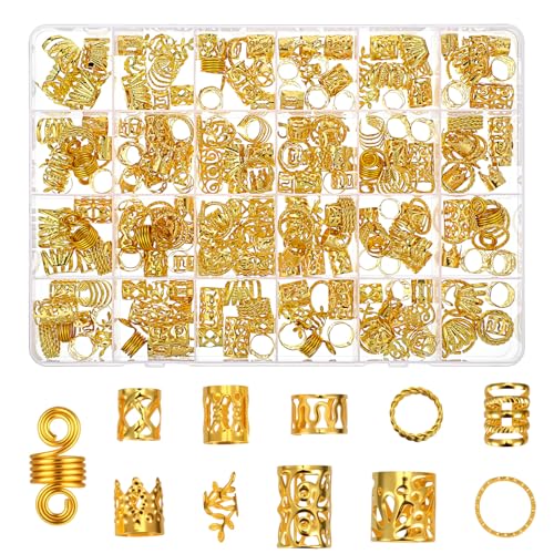Hpmjz 290 Stück Gold-Haarschmuck für Zöpfe Dreadlock Schmuckzubehör Metall-Gold-Zöpfe Ringe Manschetten-Clips Haarspiralen Clips Loc Schmuck für Haar Dreadlock Zubehör Männer Frauen Mädchen von Hpmjz