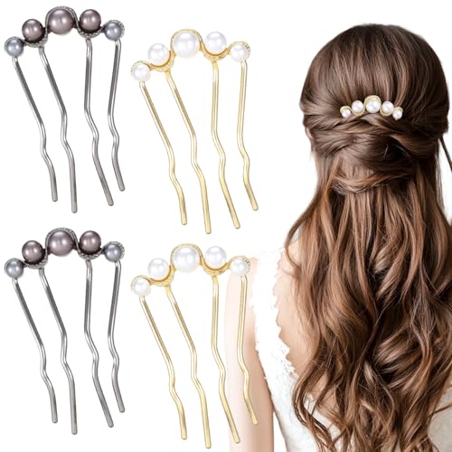 Hpmjz 4Stück Perlen Haarnadeln in U Form, seitlicher Kamm für Brauthaare Metall-Haarnadel Golden Haarschmuck Perlen Vintage Haargabel Clips für Frauen Party Prom Hochzeit Alltag Styling(Gold, Schwarz) von Hpmjz