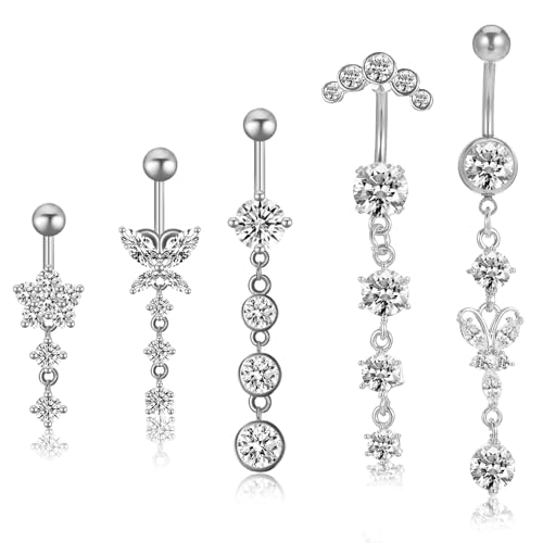 Hpmjz 5 Stück Bauchnabelpiercing Silber Belly Piercing Bauchnabel Banane mit Schmetterling Blume Rund Hängend Bauchpiercing Belly Button Ring Schmetterling Nabel Piercing Schmuck für Frauen von Hpmjz