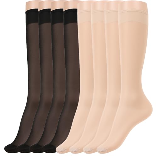 Hpmjz 8 Paare Transparente Fein-Kniestrümpfe Damen Kniehohe Nylonstrümpfe Seidig Glänzend Feinkniestrümpfe Breiter Pop Socken Komfortbund Damen Schwarz Hautfarben von Hpmjz