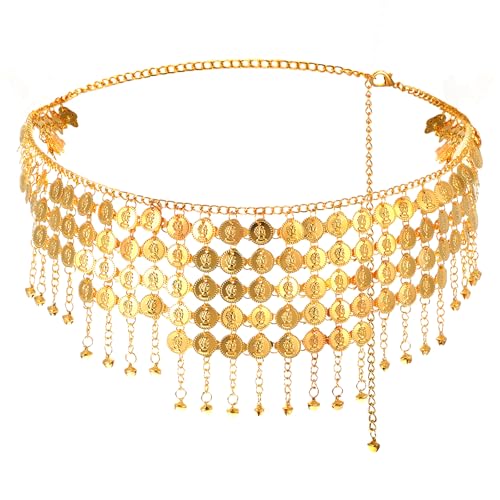 Münzen Bauchtanz Hüfttuch Gürtel Bauchtanz Münzen Röcke Kettengürtel Damen Bauchtanz Turm Form Metall Hüftschal Verstellbare Münze Gürtel Kette für Bauchtanz Halloween Kostüm Zubehör Gold von Hpmjz