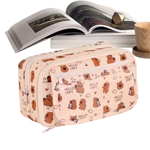 Hqunjikp Großes Federmäppchen mit ästhetischem Tiermuster, 9 Fächer, Schreibwaren-Organizer für Teenager-Mädchen, Make-up-Tasche mit Reißverschluss, Aufbewahrungstasche, Schulbedarf, Cremefarben, von Hqunjikp