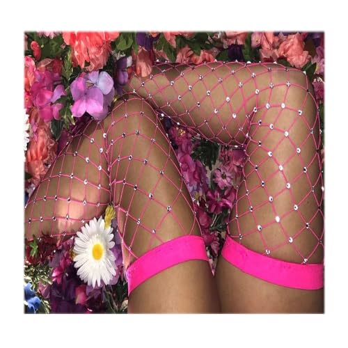 Hrlace 1 Paar Strass Netzstrümpfe Oberschenkel Strümpfe mit Diamant Glitzer Große Netzstrumpfhose Damen Oberschenkelhohe Strümpfe Überknie Anti Rutsch Elastische Fischnetz Netzstrümpfe Rosa von Hrlace
