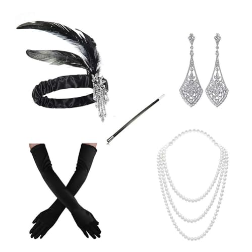 Hrlace 1920er Flapper Accessoires Set Damen Kostüm Great Gatsby Zubehör 20er Jahre Themenset Halloween Zubehör mit Feder Stirnband Kopfbedeckung Lange Handschuhe Kunstperlen Halskette Ohrringe 2# von Hrlace