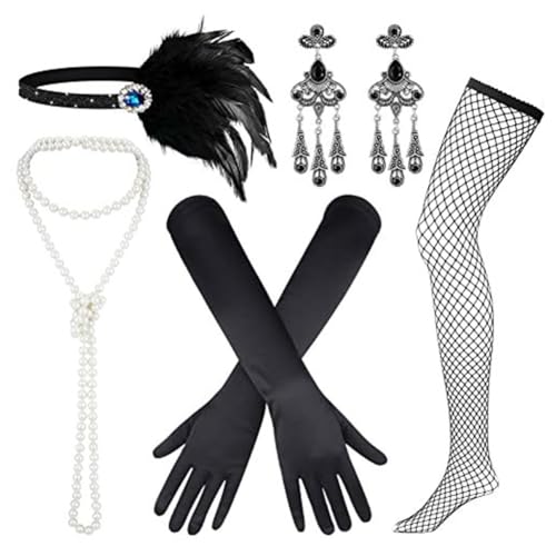 Hrlace 1920er Flapper Accessoires Set Damen Kostüm Great Gatsby Zubehör 20er Jahre Themenset Halloween Zubehör mit Feder Stirnband Kopfbedeckung Lange Handschuhe Kunstperlen Halskette Ohrringe 3# von Hrlace