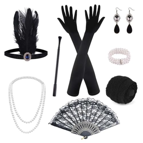 Hrlace 1920er Flapper Accessoires Set Damen Kostüm Great Gatsby Zubehör 20er Jahre Themenset Halloween Zubehör mit Feder Stirnband Kopfbedeckung Lange Handschuhe Kunstperlen Halskette Ohrringe 4# von Hrlace
