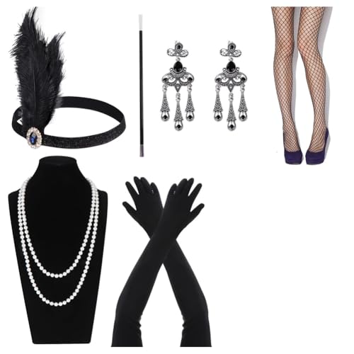 Hrlace 1920er Flapper Accessoires Set Damen Kostüm Great Gatsby Zubehör 20er Jahre Themenset Halloween Zubehör mit Feder Stirnband Kopfbedeckung Lange Handschuhe Kunstperlen Halskette Ohrringe 5# von Hrlace
