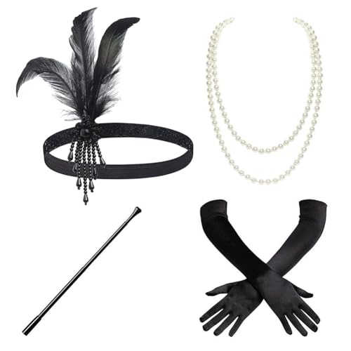 Hrlace 1920er Flapper Accessoires Set Damen Kostüm Great Gatsby Zubehör 20er Jahre Themenset Halloween Zubehör mit Feder Stirnband Kopfbedeckung Lange Handschuhe Kunstperlen Halskette Ohrringe 8# von Hrlace
