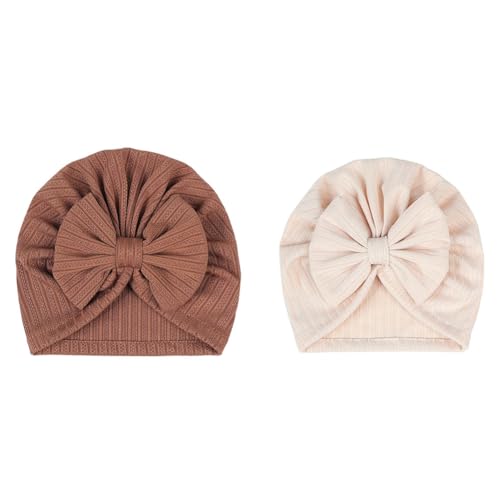 Hrlace 2 Stück Babymütze Neugeborene Babymütze Weiche Baby Turban Mütze mit Schleife Infant Beanie Mütze Säugling Mädchen Jungen Mütze für Baby Neugeborene Kleinkinder Braun + Beige von Hrlace