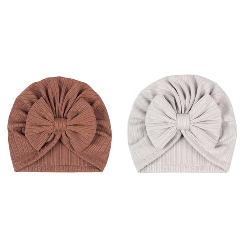 Hrlace 2 Stück Babymütze Neugeborene Babymütze Weiche Baby Turban Mütze mit Schleife Infant Beanie Mütze Säugling Mädchen Jungen Mütze für Baby Neugeborene Kleinkinder Braun + Grau von Hrlace