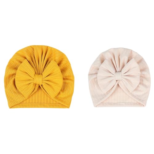 Hrlace 2 Stück Babymütze Neugeborene Babymütze Weiche Baby Turban Mütze mit Schleife Infant Beanie Mütze Säugling Mädchen Jungen Mütze für Baby Neugeborene Kleinkinder Gelb + Beige von Hrlace