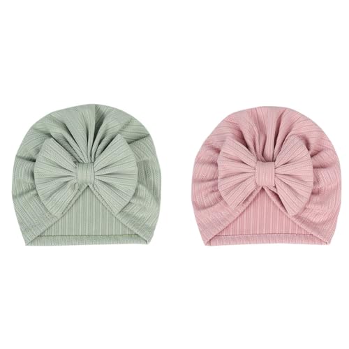 Hrlace 2 Stück Babymütze Neugeborene Babymütze Weiche Baby Turban Mütze mit Schleife Infant Beanie Mütze Säugling Mädchen Jungen Mütze für Baby Neugeborene Kleinkinder Grün + Soja von Hrlace