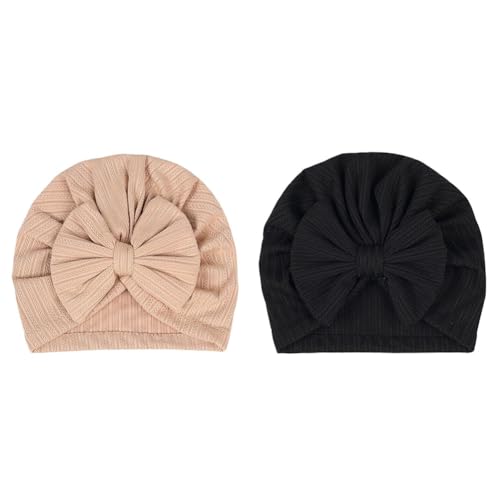 Hrlace 2 Stück Babymütze Neugeborene Babymütze Weiche Baby Turban Mütze mit Schleife Infant Beanie Mütze Säugling Mädchen Jungen Mütze für Baby Neugeborene Kleinkinder Helles Curry + Schwarz von Hrlace