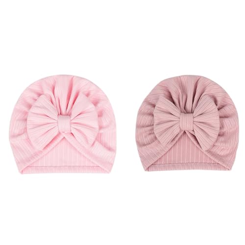 Hrlace 2 Stück Babymütze Neugeborene Babymütze Weiche Baby Turban Mütze mit Schleife Infant Beanie Mütze Säugling Mädchen Jungen Mütze für Baby Neugeborene Kleinkinder Rosa + Soja von Hrlace