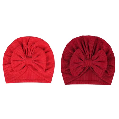 Hrlace 2 Stück Babymütze Neugeborene Babymütze Weiche Baby Turban Mütze mit Schleife Infant Beanie Mütze Säugling Mädchen Jungen Mütze für Baby Neugeborene Kleinkinder Rot + Burgunderrot von Hrlace